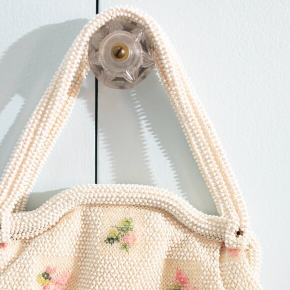 Vintage Beaded Purse White with Pink Flowers - Picture 3 of 6